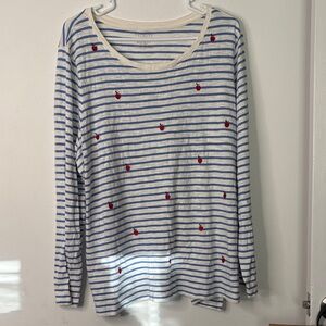 Talbots Blue and White Striped Shirt with Red Apple Accents